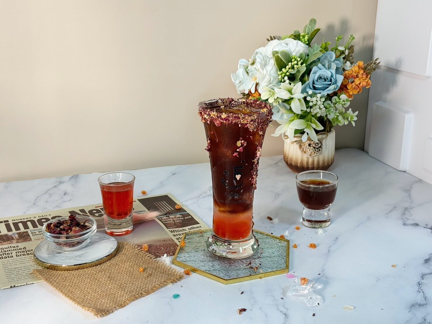Rose Grapefruit Bubbling Coffee with espresso, rose syrup, grapefruit syrup, and sparkling water